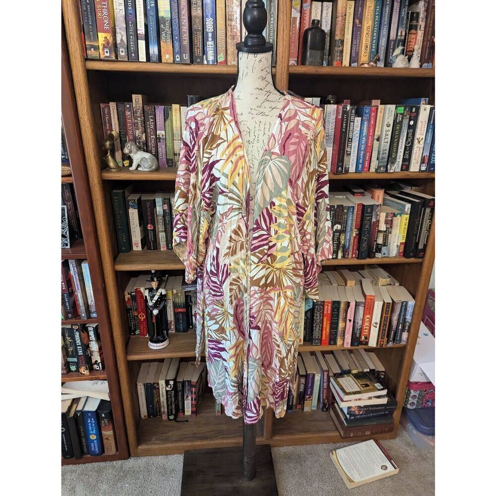 Mahlina Women’s Medium Mocha Mauve Tropical Kimono Style Cardigan Wrap
